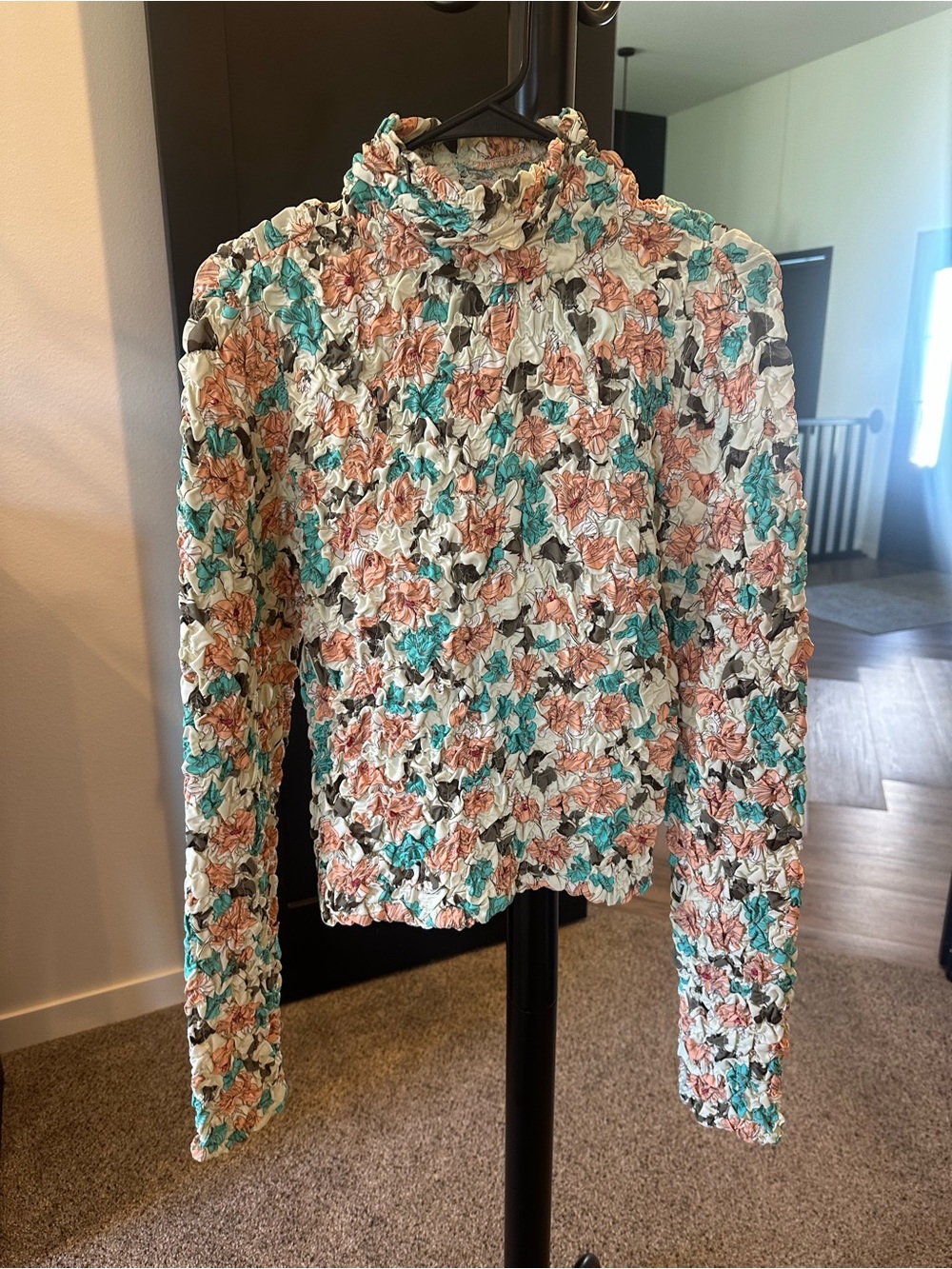dolan White Floral Smocked Long Sleeve Top with Coral and Teal Print